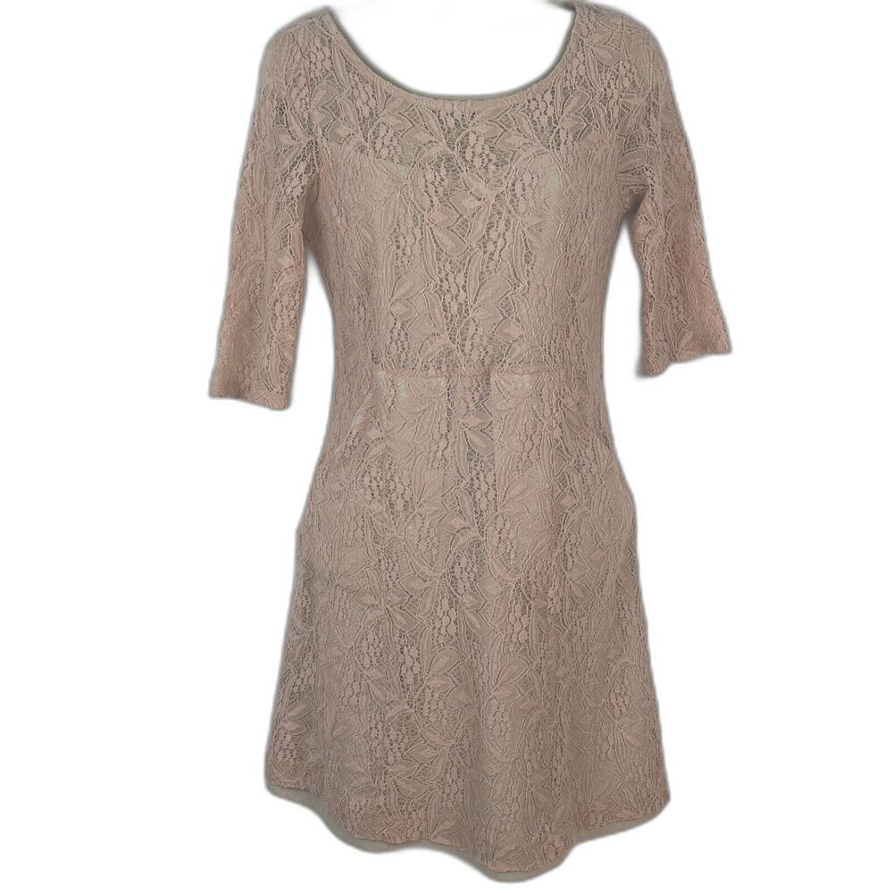 Maeve Anthropologie Lefkara Pink Lace 3/4 Sleeve Pockets Sheath Dress Small